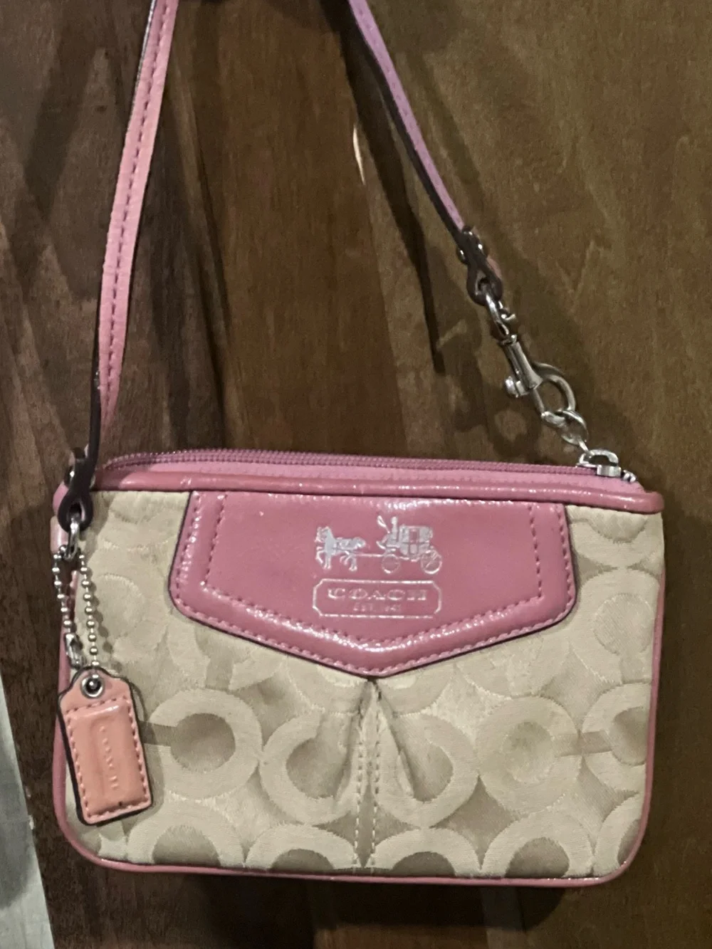 Coach Beige Signature Wristlet with Pink Trim